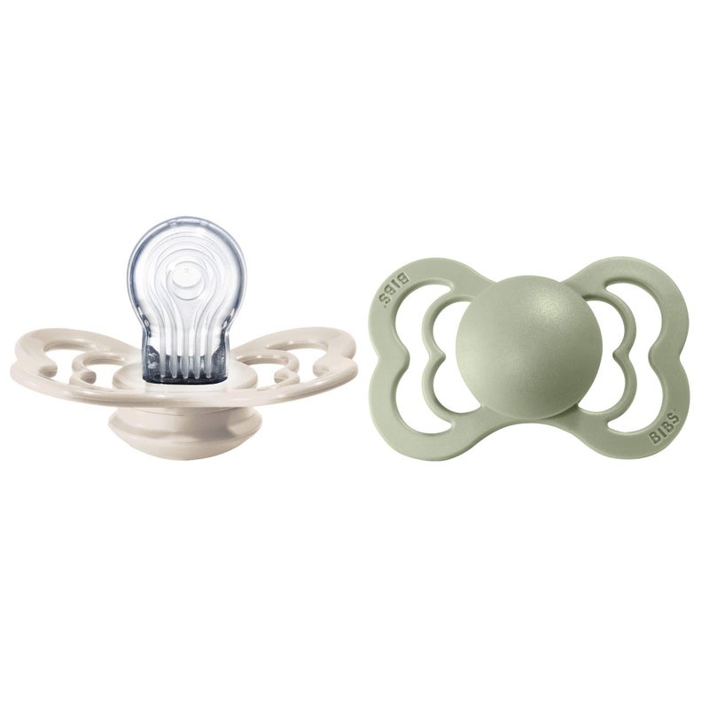 BIBS لهايات بيبس - مجموعة سوبريم | حلمة متماثلة | سيليكون | مصنوعة في الدنمارك | مجموعة من 2 لهاية بلون العاج/المريمية | الحجم 6-18 شهر - Image 1