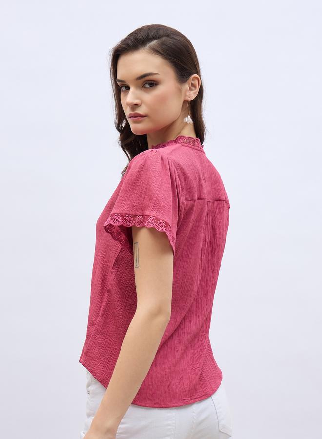 Styli Women Pink Lace Trim Short Sleeve Top - Image 4