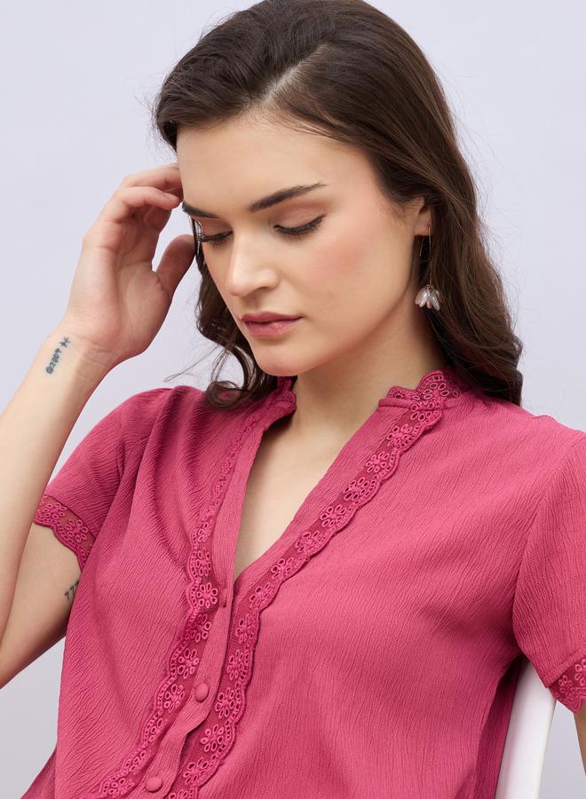 Styli Women Pink Lace Trim Short Sleeve Top - Image 3