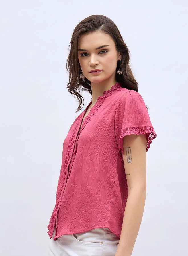 Styli Women Pink Lace Trim Short Sleeve Top