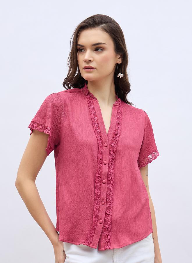 Styli Women Pink Lace Trim Short Sleeve Top - Image 1