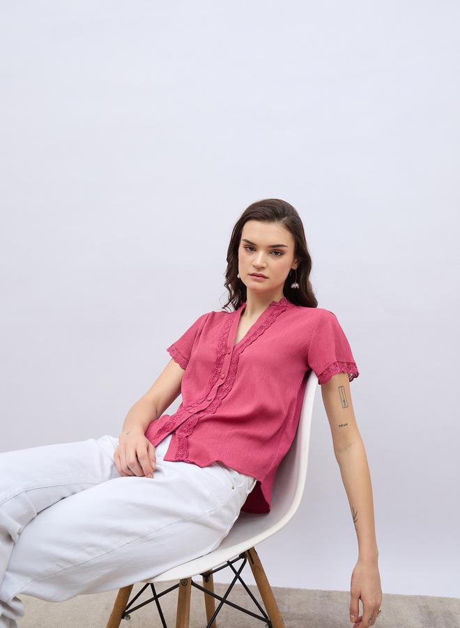 Styli Women Pink Lace Trim Short Sleeve Top - Image 5