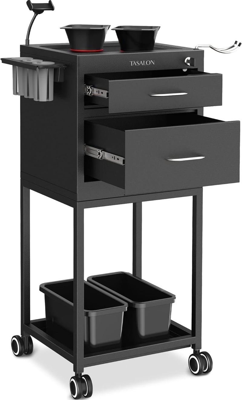TASALON TASALON New Upgrade Salon Metal Trolley with 2 Magnetic Bowls Multipurpose Rolling Cart for Beauty, Tattoo, & Hair Stylist (Black) 