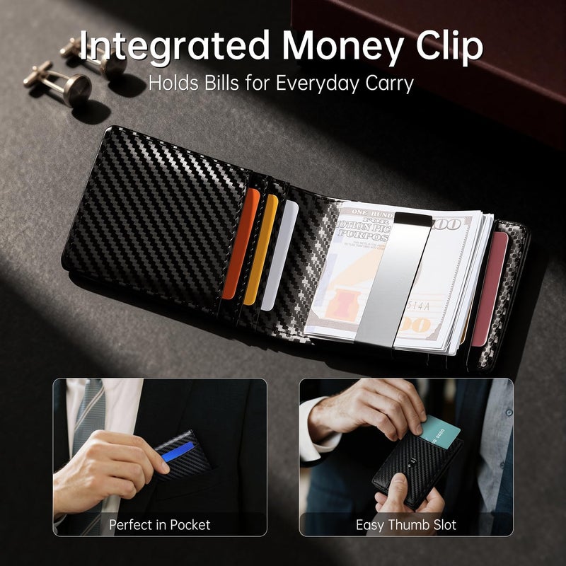 Gostwo Slim Wallet for Men, Minimalist Money Clip Card Wallet, RFID Blocking Bifold Mens Wallet, Front Pocket Credit Card Holder with ID Window, Gifts for Him, Carbon Fiber Black - Image 5