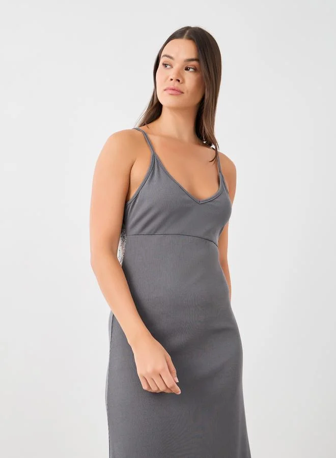 Styli Styli Ribbed Lace Detail Low Back Slip Dress