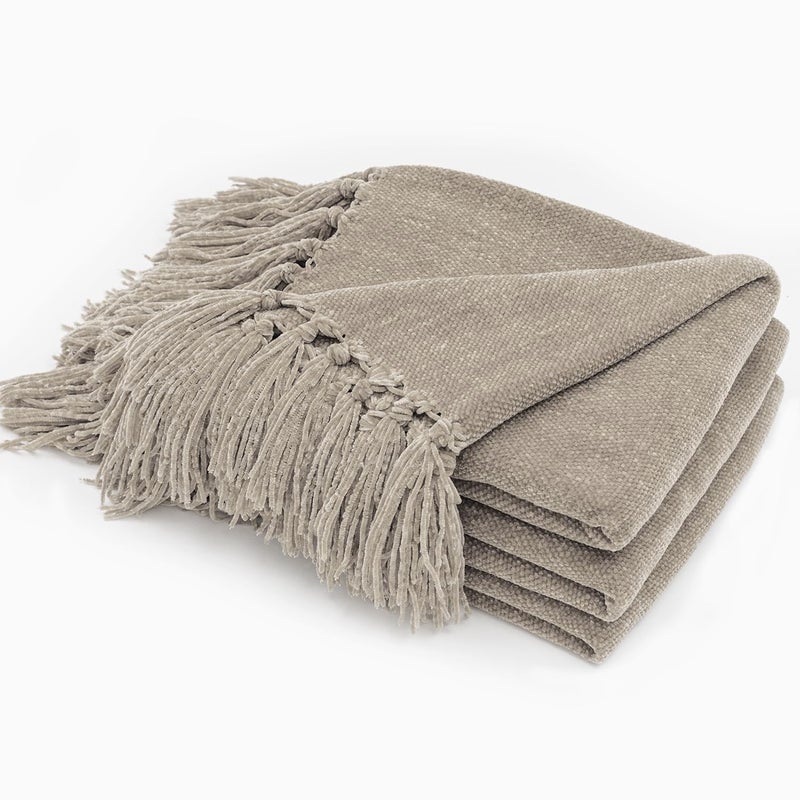EVERGRACE Soft Chenille Throw Blanket for Couch  Cozy Plush Fuzzy Decorative Chenille Knit Throw Blanket with Tassels  Lightweight Blanket and Throws for Bed Sofa Gift Home Decor  Taupe 60""x80"" - Image 1