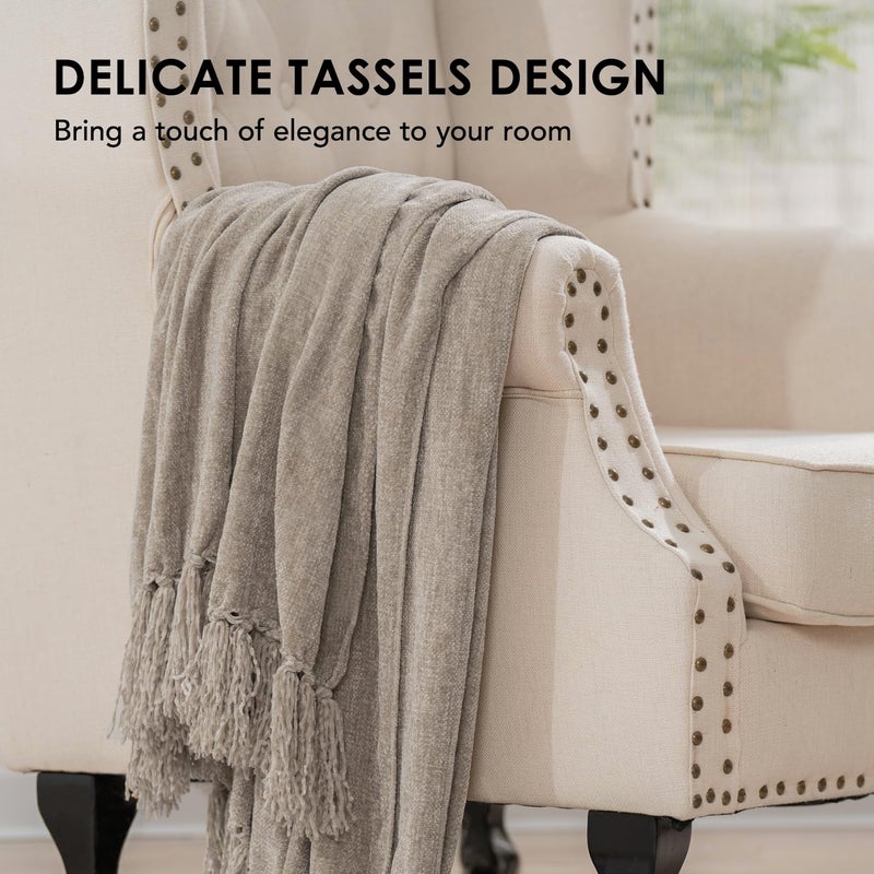 EVERGRACE Soft Chenille Throw Blanket for Couch  Cozy Plush Fuzzy Decorative Chenille Knit Throw Blanket with Tassels  Lightweight Blanket and Throws for Bed Sofa Gift Home Decor  Taupe 60""x80"" - Image 2
