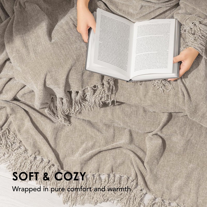 EVERGRACE Soft Chenille Throw Blanket for Couch  Cozy Plush Fuzzy Decorative Chenille Knit Throw Blanket with Tassels  Lightweight Blanket and Throws for Bed Sofa Gift Home Decor  Taupe 60""x80"" - Image 3