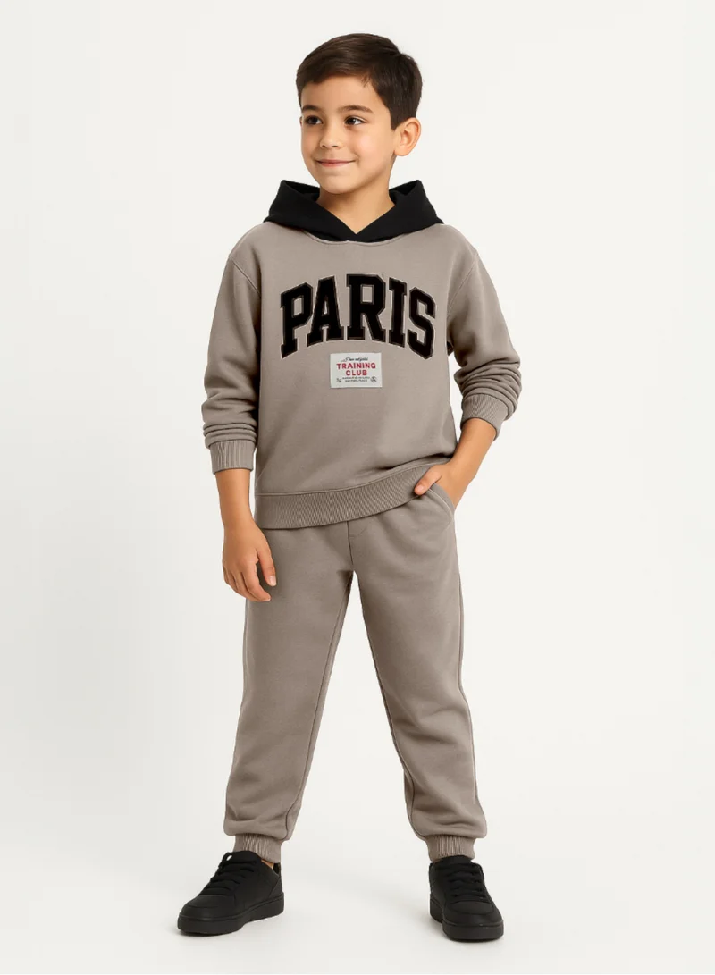 victor and jane Boys Paris Patch Hoodie Fleece Tracksuit - Sand/Beige