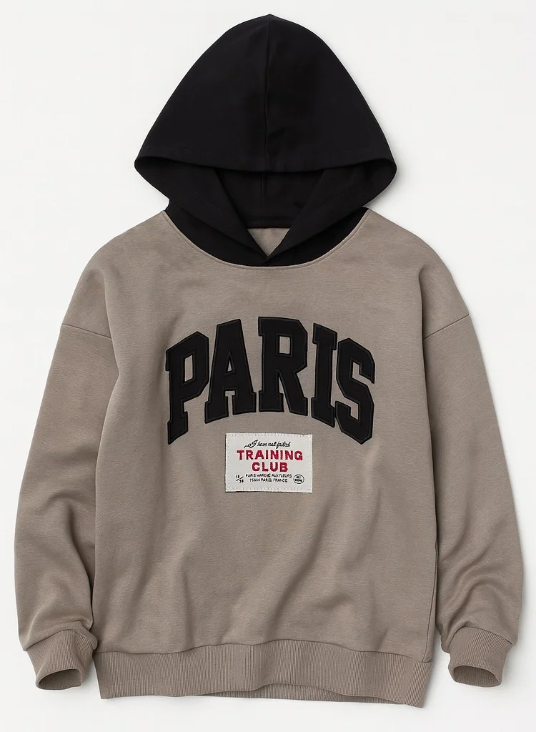 victor and jane Boys Paris Patch Hoodie Fleece Tracksuit - Sand/Beige