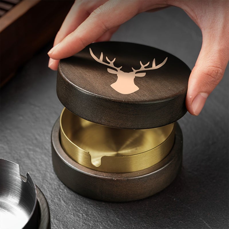 Golden Circular Wooden Ashtray With Deer Silhouette Portable Easy Clean - Image 4