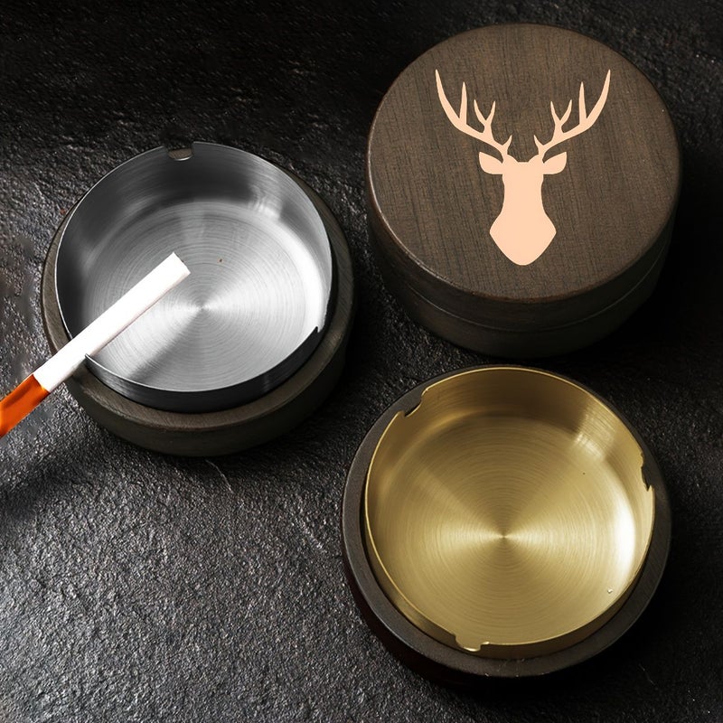 Golden Circular Wooden Ashtray With Deer Silhouette Portable Easy Clean - Image 1