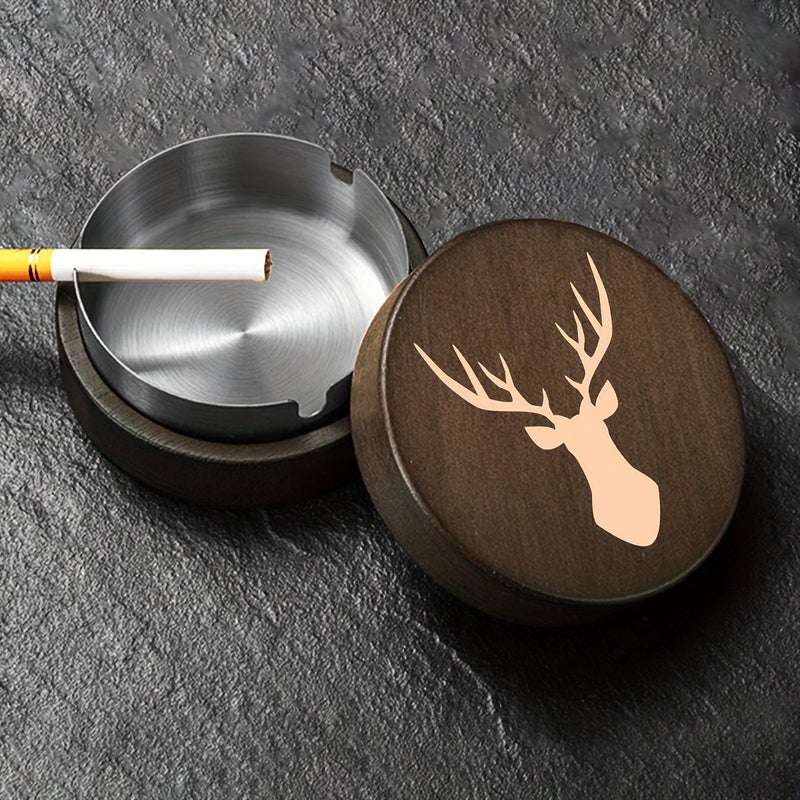 Golden Circular Wooden Ashtray With Deer Silhouette Portable Easy Clean - Image 5