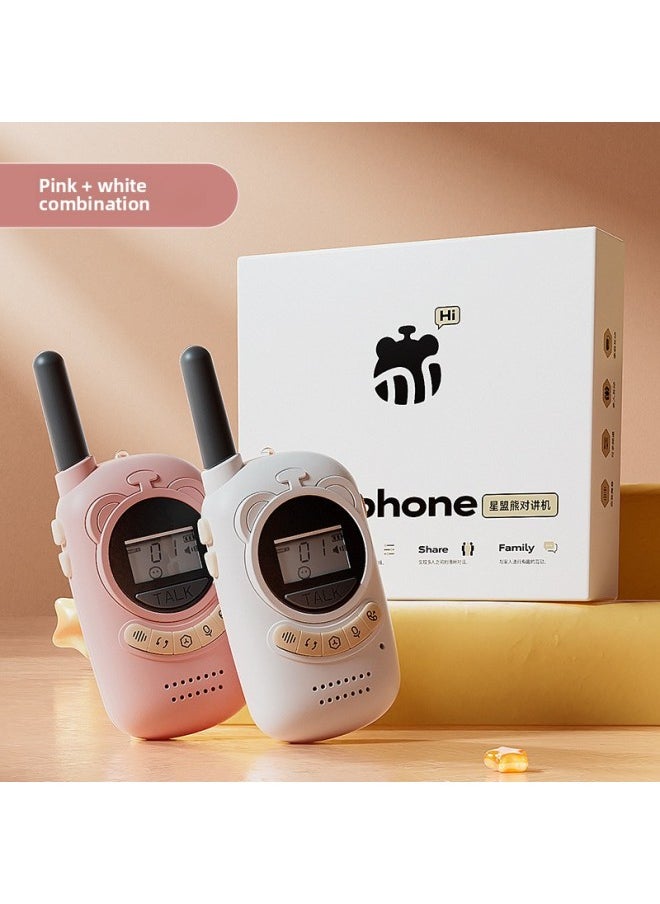 Tao Dudu Children's Walkie-talkie Parent-child Wireless Pager Outdoor 3KM Two Small Educational Toys Wholesale-Color:[3000 M] Xingmeng Bear Walkie-talkie Charging Version [Cherry Blossom Powder + Cream White] Gift Anti-lost Rope + Charging Suit + Screwdriver + Back Clip  - Image 1