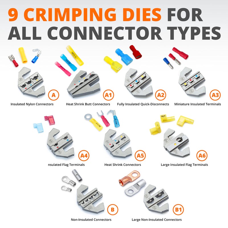 Wirefy Wire Crimping Tool Kit | Crimpers & 9 Slide in Dies | Ratcheting Wire Crimper Tool | Terminal Crimp Pliers | for Heat Shrink, Insulated, Non-Insulated, Butt, Large, Flag, Nylon, Connectors - Image 2