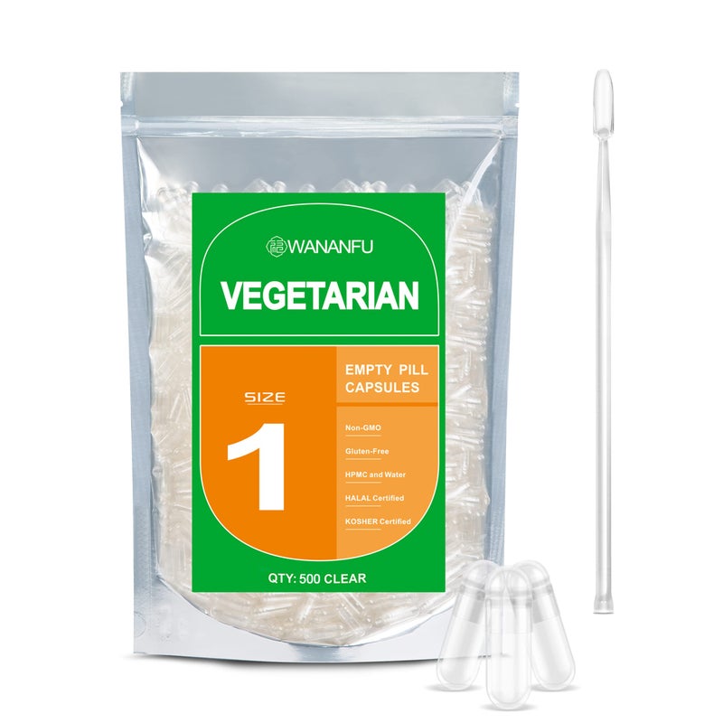 wananfu Size 1 Empty Capsules Vegetarian 500 Count Bundle with Micro Lab Spoon Clear Fillable Veggie Pill Capsules Size 1 for Making Your Own Supplements