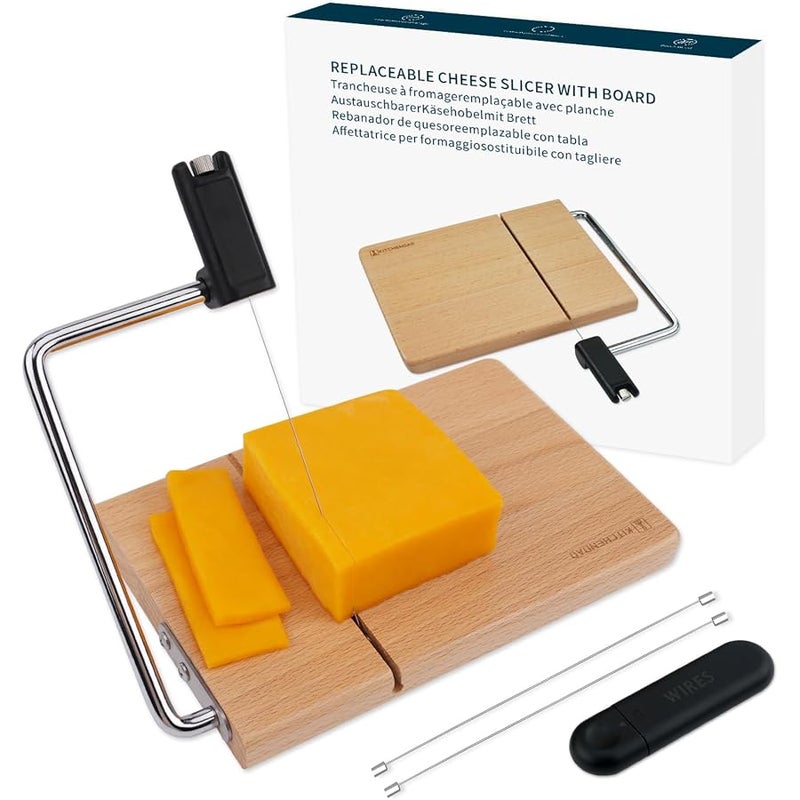 KITCHENDAO Replaceable Wire Cheese Slicer with Board, Beech Wood Cheese Slicer for Cheese in Block, Easy to Replace, with 2 Upgrade Extra Strong Wires - Image 1