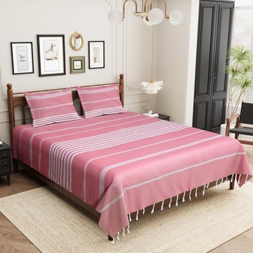 Värde Bedsheet King Size Cotton with 2 Pillow Covers | 210 TC Bedsheet | Flat Sheets | Handloom Bedsheets | Double Bedsheet for Summer | Size 90 X 100 Inches, 7.5 X 8.3 Feet (Pink, King) - Image 3