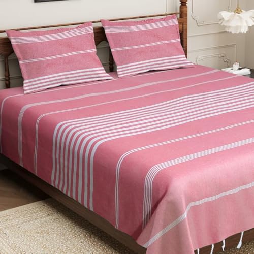 Värde Bedsheet King Size Cotton with 2 Pillow Covers | 210 TC Bedsheet | Flat Sheets | Handloom Bedsheets | Double Bedsheet for Summer | Size 90 X 100 Inches, 7.5 X 8.3 Feet (Pink, King) - Image 1