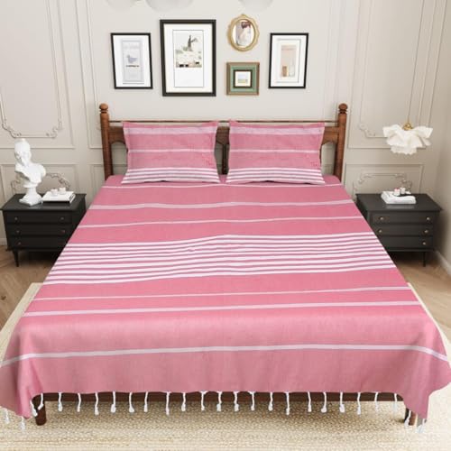 Värde Bedsheet King Size Cotton with 2 Pillow Covers | 210 TC Bedsheet | Flat Sheets | Handloom Bedsheets | Double Bedsheet for Summer | Size 90 X 100 Inches, 7.5 X 8.3 Feet (Pink, King) - Image 2