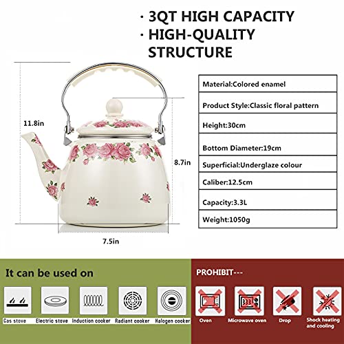 OLYTARU Tea Kettle Pot for Stove Top,Porcelain Large Enamel Teakettle,3.3L Colorful Teapot Floral Ceramic for Stovetop,Retro Classic Design - Image 2