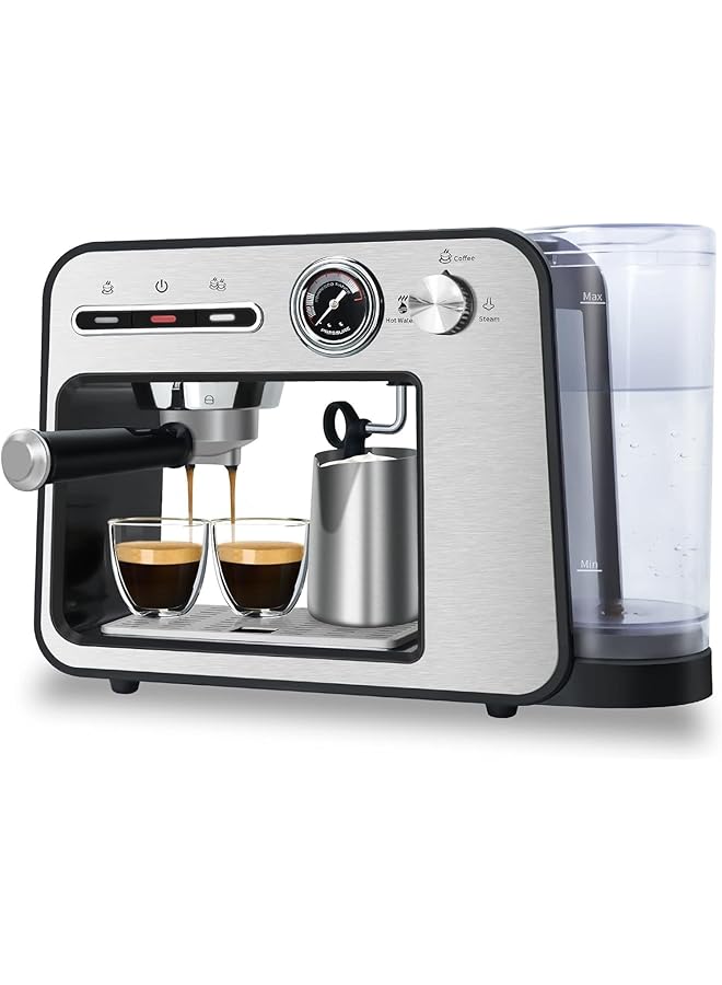 erorex Espresso Machine 15 Bar With 1L Removable Transparent Water Tank 1450W With Steam Milk Frother Pressure Gauge 430 Stainless Steel Body For Home And Office - Image 1