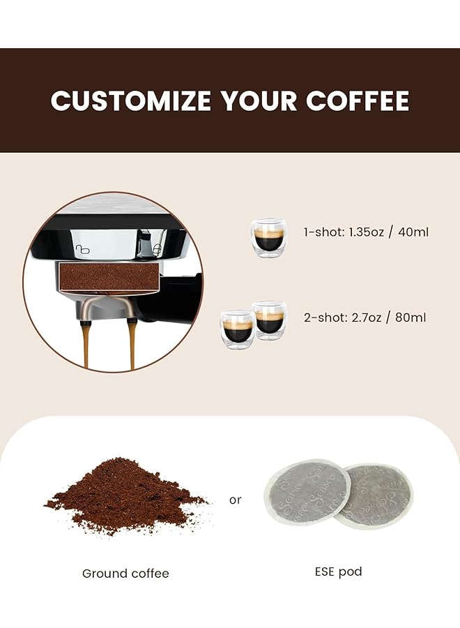 erorex Espresso Machine 15 Bar With 1L Removable Transparent Water Tank 1450W With Steam Milk Frother Pressure Gauge 430 Stainless Steel Body For Home And Office - Image 5