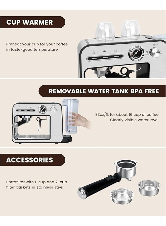 erorex Espresso Machine 15 Bar With 1L Removable Transparent Water Tank 1450W With Steam Milk Frother Pressure Gauge 430 Stainless Steel Body For Home And Office - Image 2