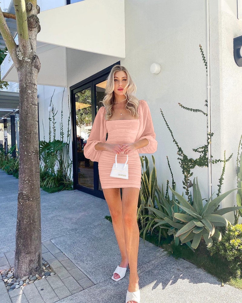 Wenrine Women's Mesh Long Sleeve Square Neck Ruched Party Club Cocktail Bodycon Mini Dress Pink Orange - Image 5
