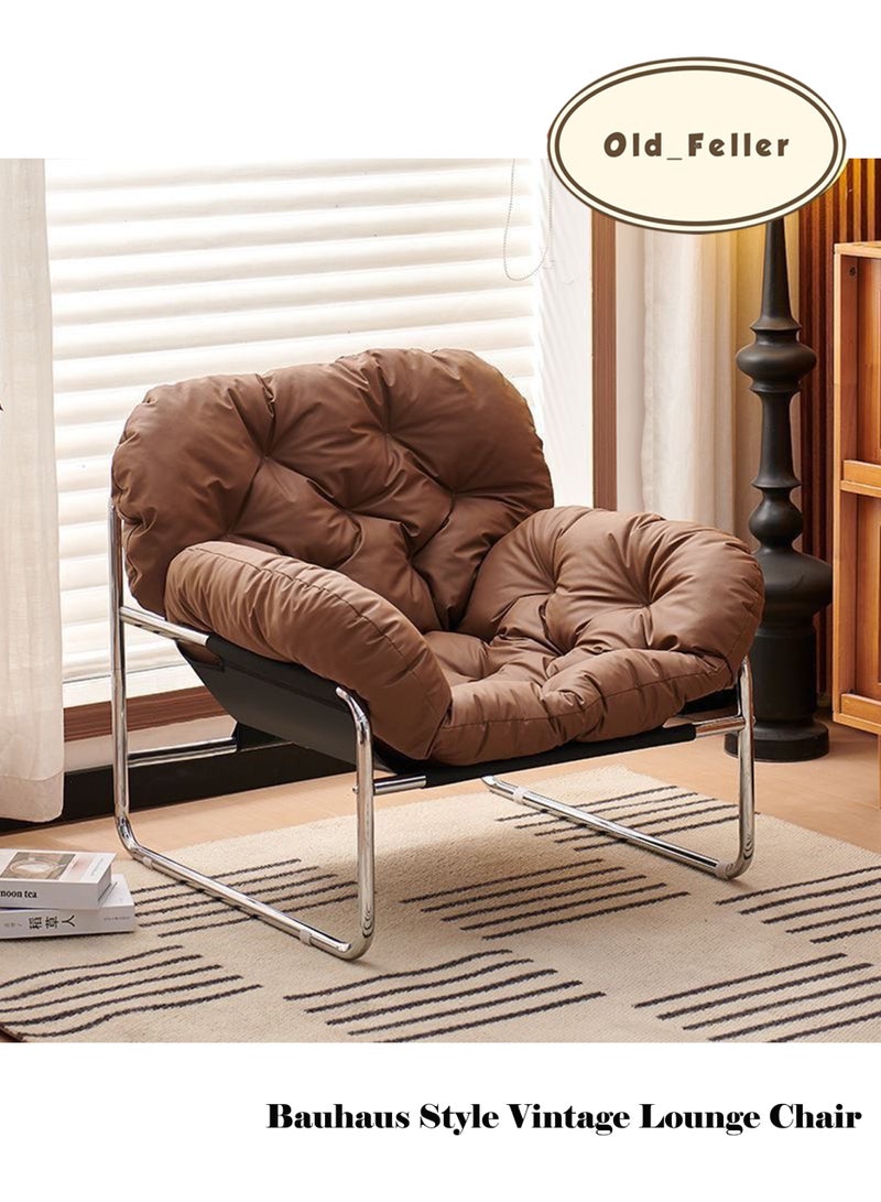 Old_Feller Bauhaus-Style Vintage Lounge Chair Premium Stain-Resistant PU Leather, Reinforced Chrome-Plated Base & Soft Cushioning, Ideal for Living Room/Balcony/Study/Bedroom(Brown) - Image 2