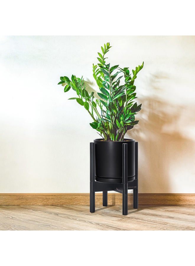 D'vine Dev Ceramic Planter with Ebony Stand - 8 Inch Modern Round Flower Pot with Wood Planter Holder, Black, 55-B-M-2 - Image 2