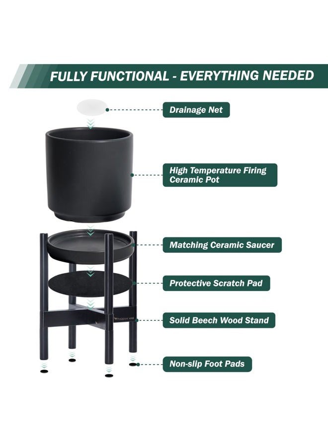 D'vine Dev Ceramic Planter with Ebony Stand - 8 Inch Modern Round Flower Pot with Wood Planter Holder, Black, 55-B-M-2 - Image 5