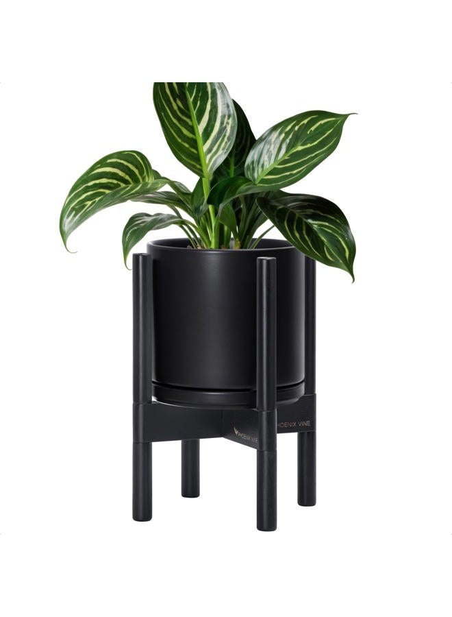 D'vine Dev Ceramic Planter with Ebony Stand - 8 Inch Modern Round Flower Pot with Wood Planter Holder, Black, 55-B-M-2 - Image 1