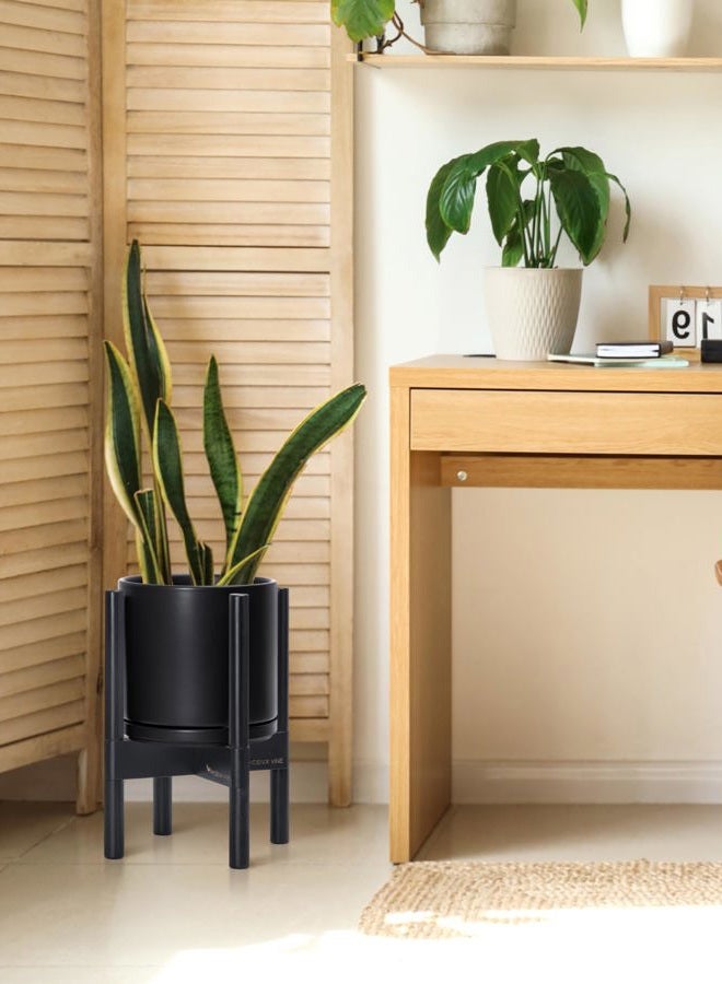 D'vine Dev Ceramic Planter with Ebony Stand - 8 Inch Modern Round Flower Pot with Wood Planter Holder, Black, 55-B-M-2 - Image 4