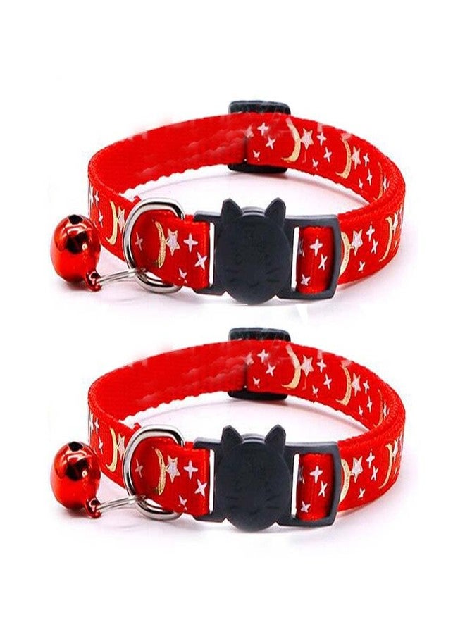 CCUUHJ Reflective Cat Collars Breakaway with Bell 2-Pack Girl Boy Pet Kitten Collar with Star Moon Patetrn Adjustable 7.5-12.5 Inch (Red) - Image 1