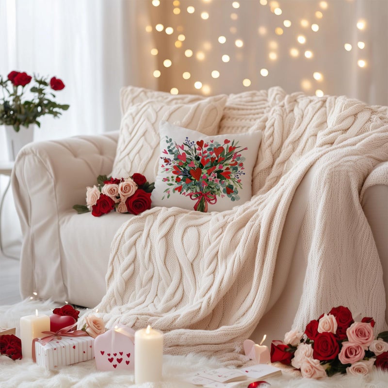 AACORS Valentine's Day Pillow Cover 18X18 Inch Red Heart Eucalyptus Decor Holiday Farmhouse Pillow Case Gifts for Home Sofa Couch Decoration AA769-18 - Image 3