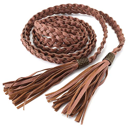 Ayliss Women Tassel Braided Waist Belt Skinny Woven Belt for Dress (Camel) - Image 5