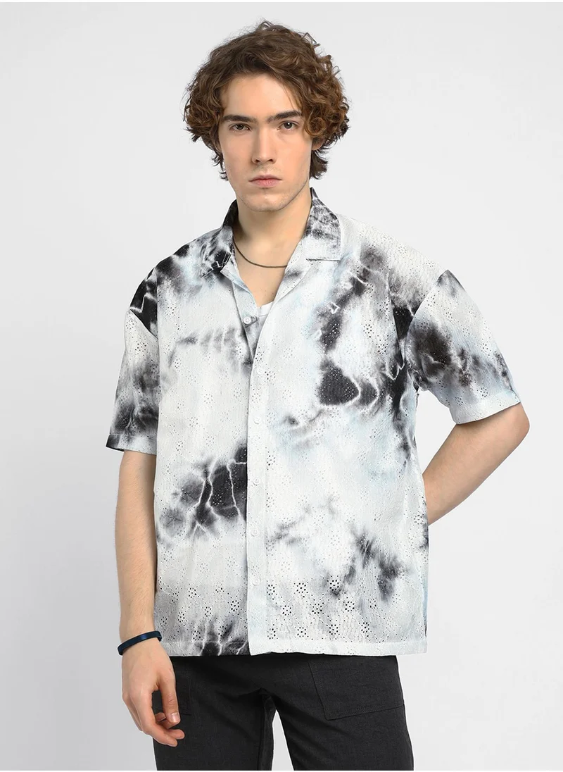 Campus Sutra Men's Charcoal Grey Tie-Dye Knit Oversized Shirt