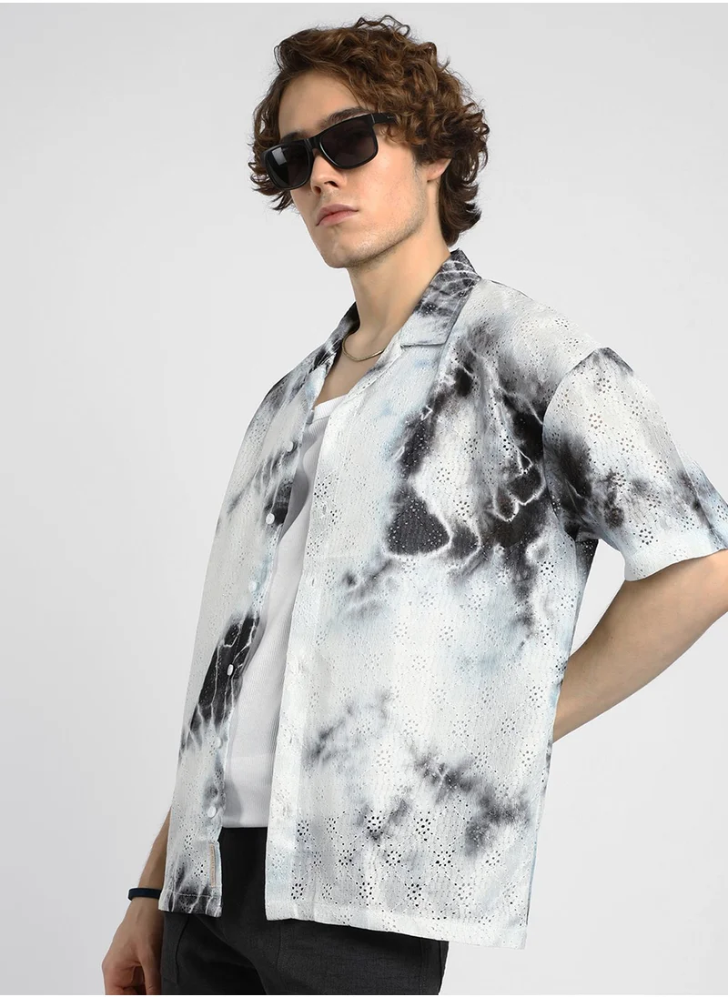 Campus Sutra Men's Charcoal Grey Tie-Dye Knit Oversized Shirt