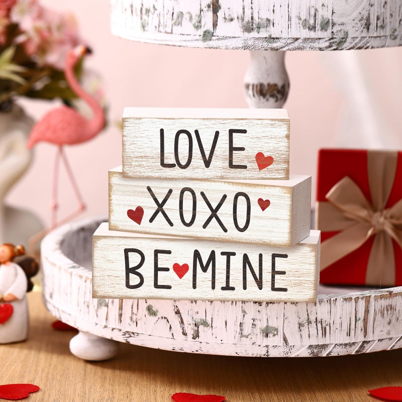 Burbell 3 Pcs Valentine's Table Decoration Signs Tiered Tray Valentine's Day Wooden Love Blocks Heart Wood Freestanding Valentines Day Decor for Farmhouse Centerpiece Wedding Gift (Fresh Style) - Image 4