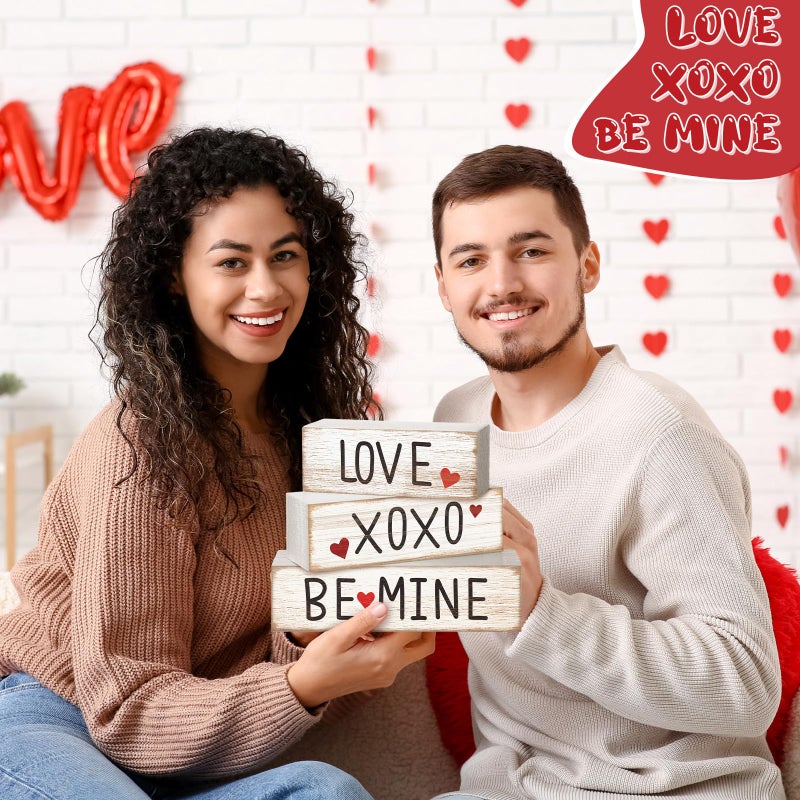 Burbell 3 Pcs Valentine's Table Decoration Signs Tiered Tray Valentine's Day Wooden Love Blocks Heart Wood Freestanding Valentines Day Decor for Farmhouse Centerpiece Wedding Gift (Fresh Style) - Image 5