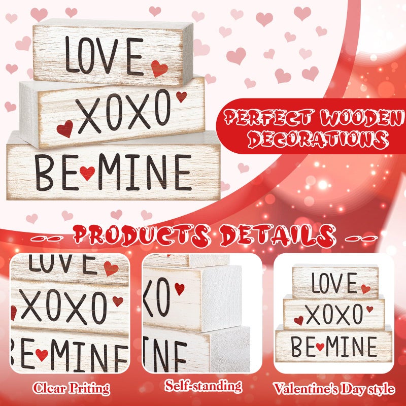 Burbell 3 Pcs Valentine's Table Decoration Signs Tiered Tray Valentine's Day Wooden Love Blocks Heart Wood Freestanding Valentines Day Decor for Farmhouse Centerpiece Wedding Gift (Fresh Style) - Image 3