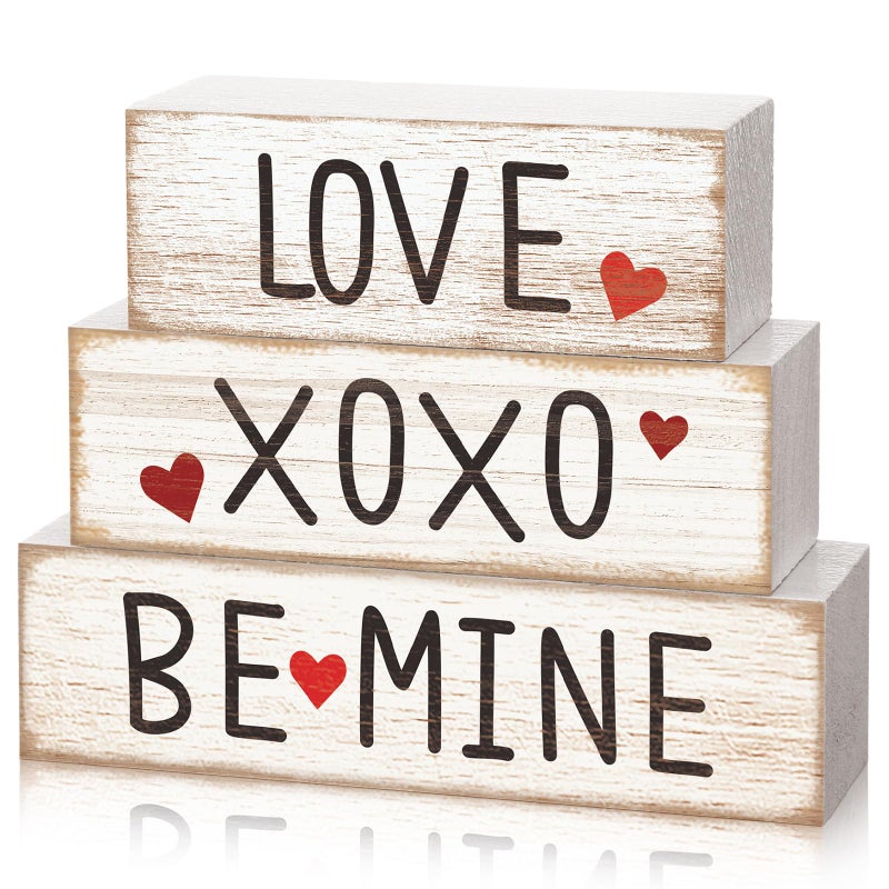 Burbell 3 Pcs Valentine's Table Decoration Signs Tiered Tray Valentine's Day Wooden Love Blocks Heart Wood Freestanding Valentines Day Decor for Farmhouse Centerpiece Wedding Gift (Fresh Style) - Image 1