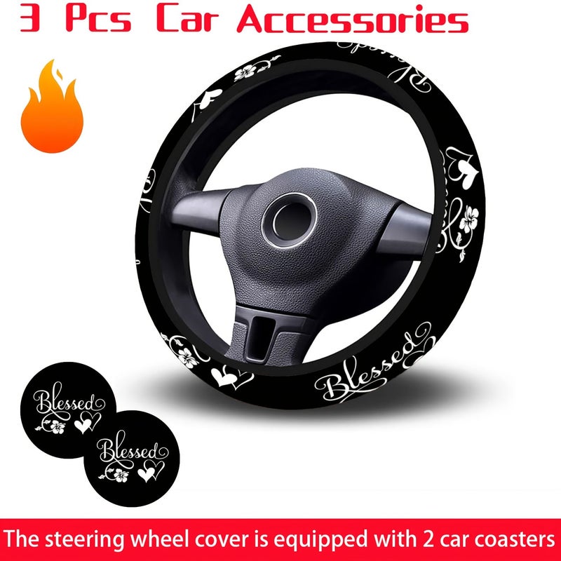 Heartfelt Blessing Letters Pattern Car Steering Wheel Cover 3pcs Neoprene Rubber Anti Slip 145 15 Inches - Image 1