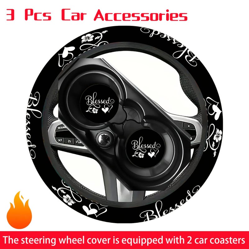Heartfelt Blessing Letters Pattern Car Steering Wheel Cover 3pcs Neoprene Rubber Anti Slip 145 15 Inches - Image 4