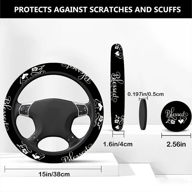 Heartfelt Blessing Letters Pattern Car Steering Wheel Cover 3pcs Neoprene Rubber Anti Slip 145 15 Inches - Image 3