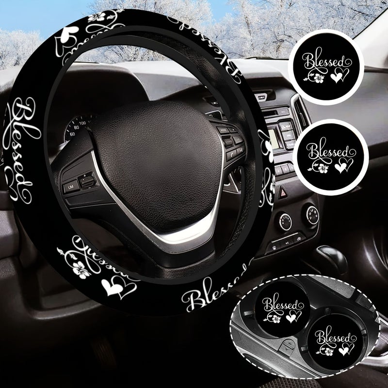 Heartfelt Blessing Letters Pattern Car Steering Wheel Cover 3pcs Neoprene Rubber Anti Slip 145 15 Inches - Image 5