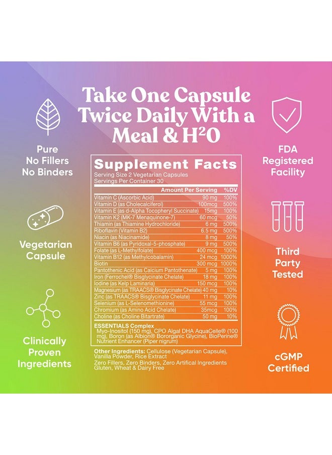 Eu Natural - Essentials Multivitamin For Women 22 Optimized Vitamins For Immunity Beauty Brain Energy Bones And Heart Vitamin C D E K Iron B6 And Dha 60 Vegetarian Soft Capsules - Image 1