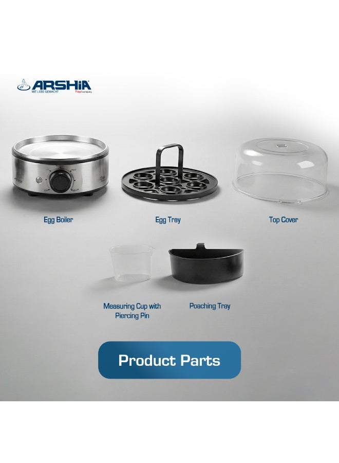Arshia Egg Boiler with Poaching Tray, 3 Boiling Types, 400W, Stainless Steel, EB112-3208 - Image 2