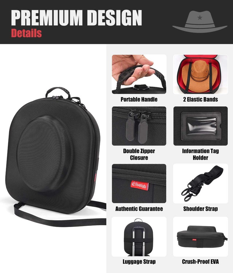 Livelab Hat Box for Travel - Crush Proof Cowboy Hat Holder Storage, Hard Travel Hat Carrier Case for Cowboy, Panama & Tweed Hats - Carrying Handle, Luggage Straps & Shoulder - Large - Image 3